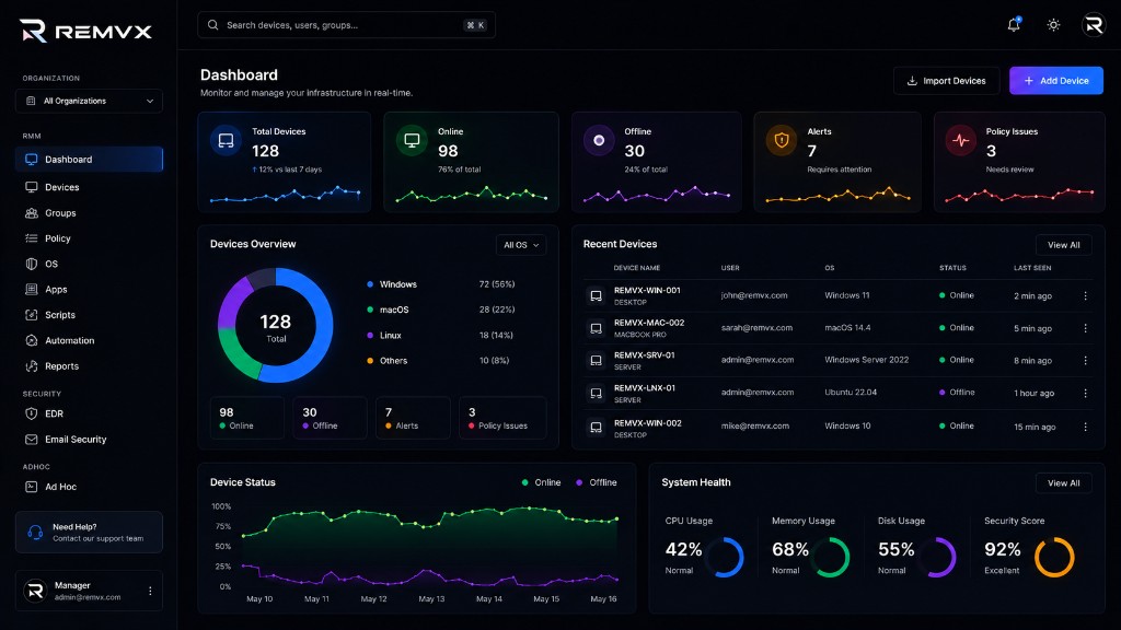 REMVX operations dashboard showing devices, health metrics, and fleet status